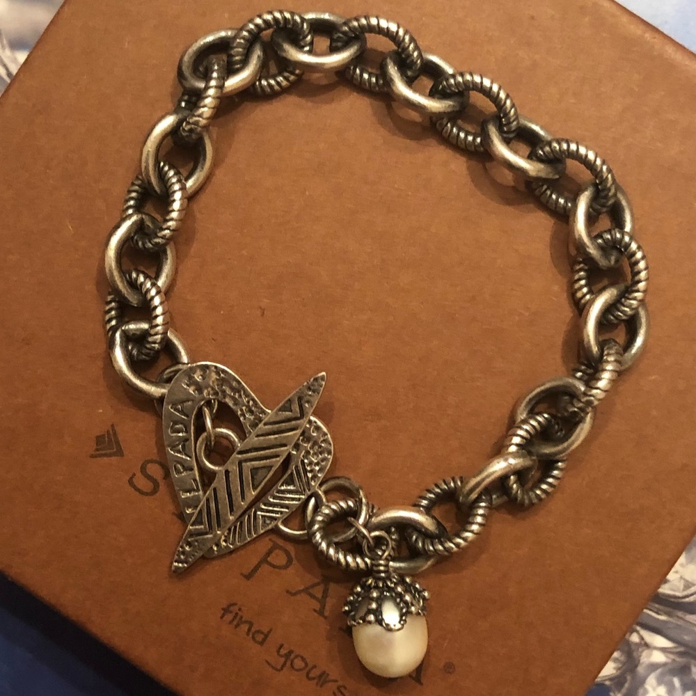 Rare Silpada Sterling Silver Pearl Heart Charm Bracelet B1241